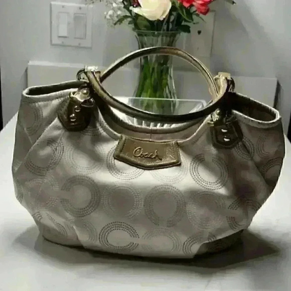COACH Ashley Signature Tote/Hobo/Satchel Bag in Cream and Taupe - Picture 6 of 12